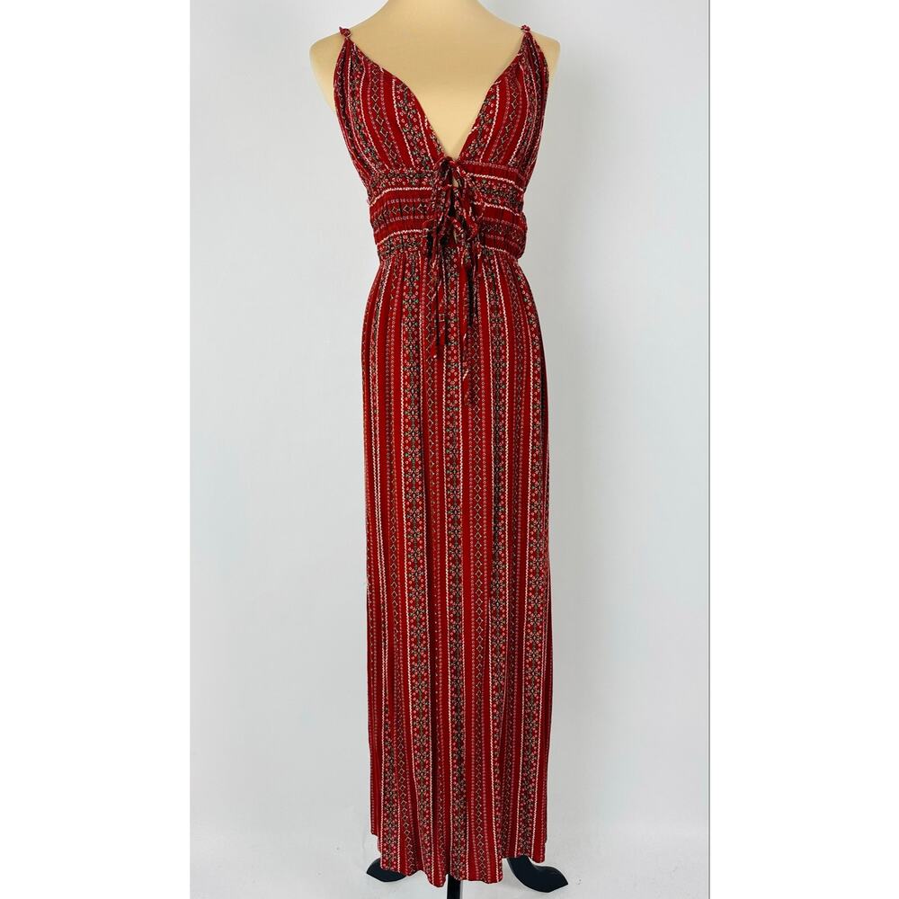 Olivia Grey XS Smocked Maxi Dress Red Turquoise Cut-out Western Hippie Festival